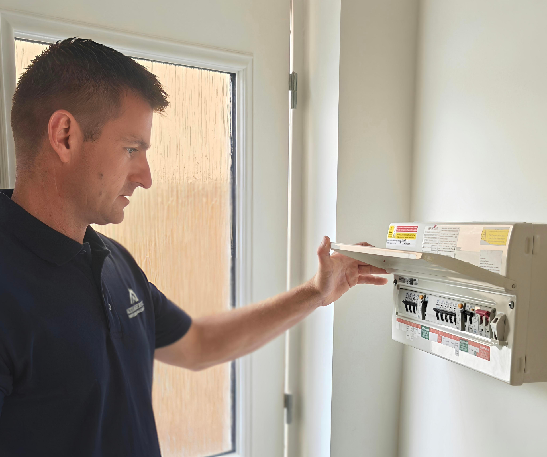 Snagging inspector checking a new build consumer unit and electrical labelling